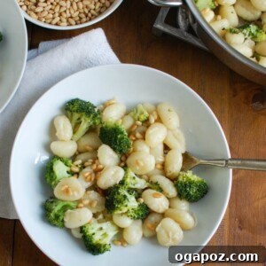Nutty Brown Butter Gnocchi with Roasted Broccoli and Toasted Pine Nuts 6 Final plated image of Browned Butter Gnocchi with Broccoli and Pine Nuts.