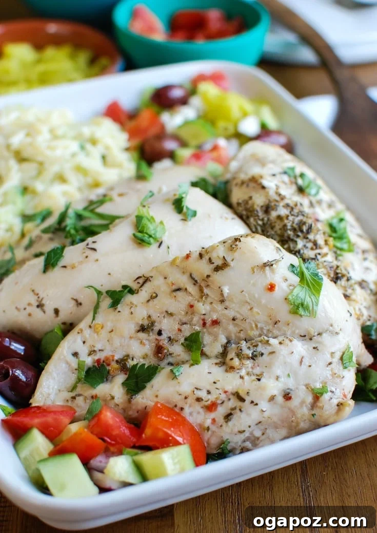Mediterranean Chicken and Cool Tzatziki Orzo Salad 3 Greek Chicken with Tzatziki Orzo Salad garnished with dark Kalamata olives, emphasizing freshness.
