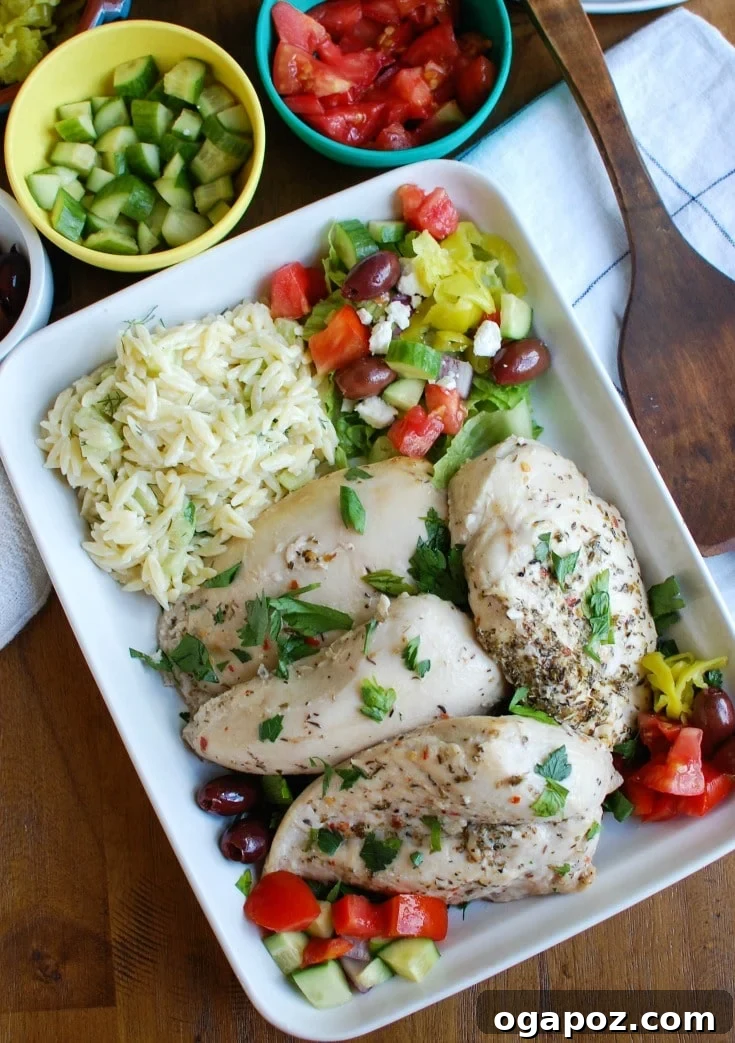 Mediterranean Chicken and Cool Tzatziki Orzo Salad 4 Greek Chicken with Tzatziki Orzo Salad plated with the orzo salad and chicken clearly visible.