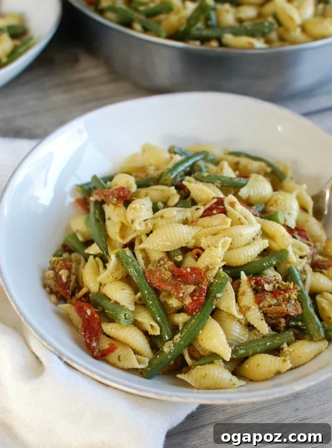 Sun-Drenched Pesto Pasta with Garden Beans and Tangy Tomatoes 4 Close-up of Pesto Pasta with Green Beans, Sun-dried Tomatoes, and Toasted Pine Nuts served in a rustic bowl.