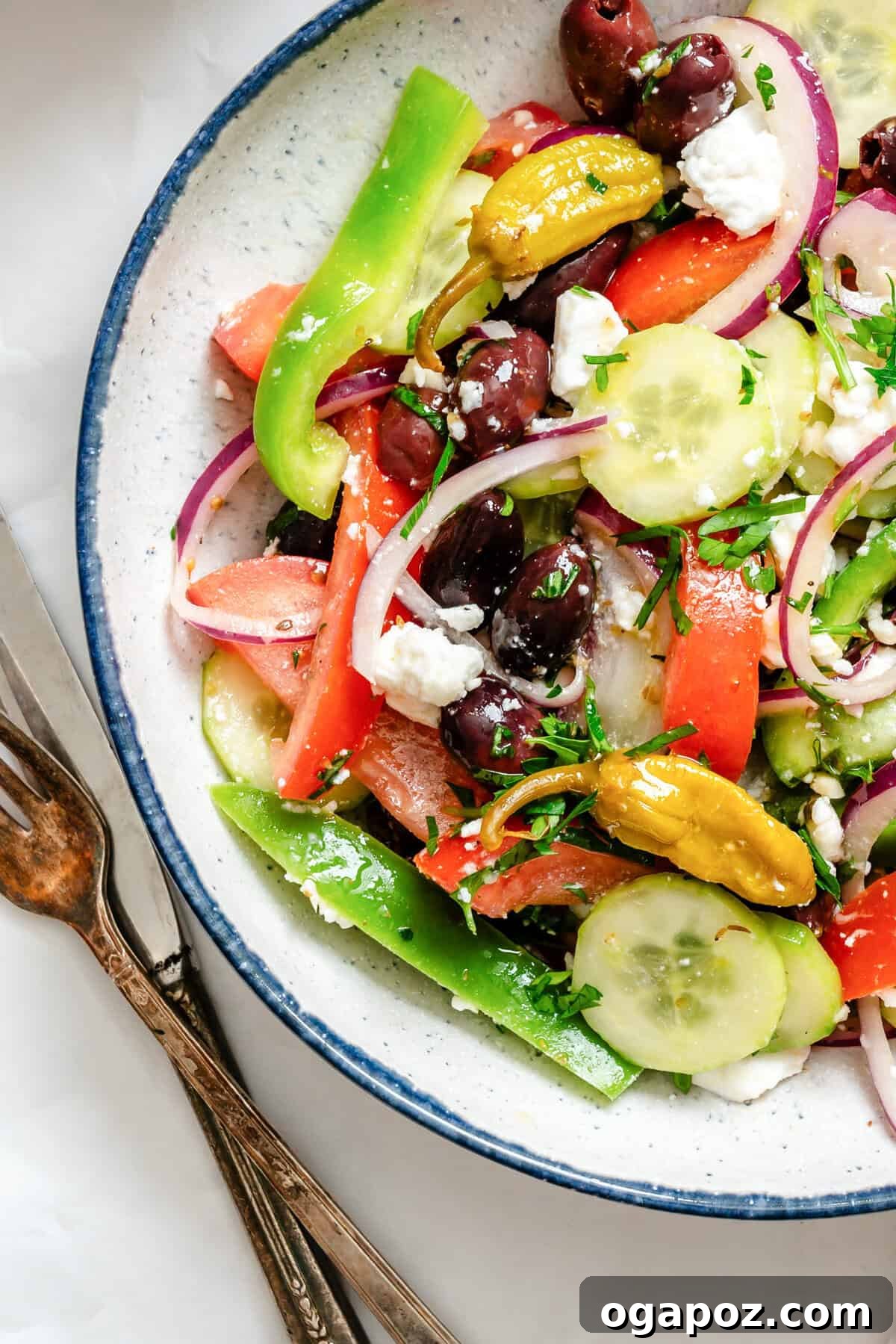 Rustic Greek Garden Salad 6 Close-up shot of Greek Village Salad with vibrant ingredients in a rustic bowl.