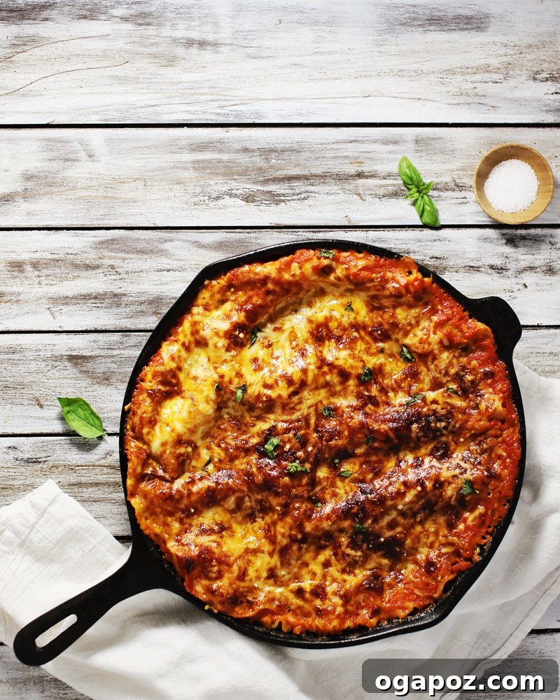 One-Pan Triple Cheese Lasagna 4 A freshly baked, bubbling Three-Cheese Skillet Lasagna, golden brown and ready to serve.