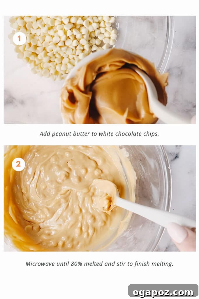 Bird Nest Treats 3 White chocolate chips and smooth peanut butter melting together in a large microwave-safe bowl, with a spatula ready for stirring.