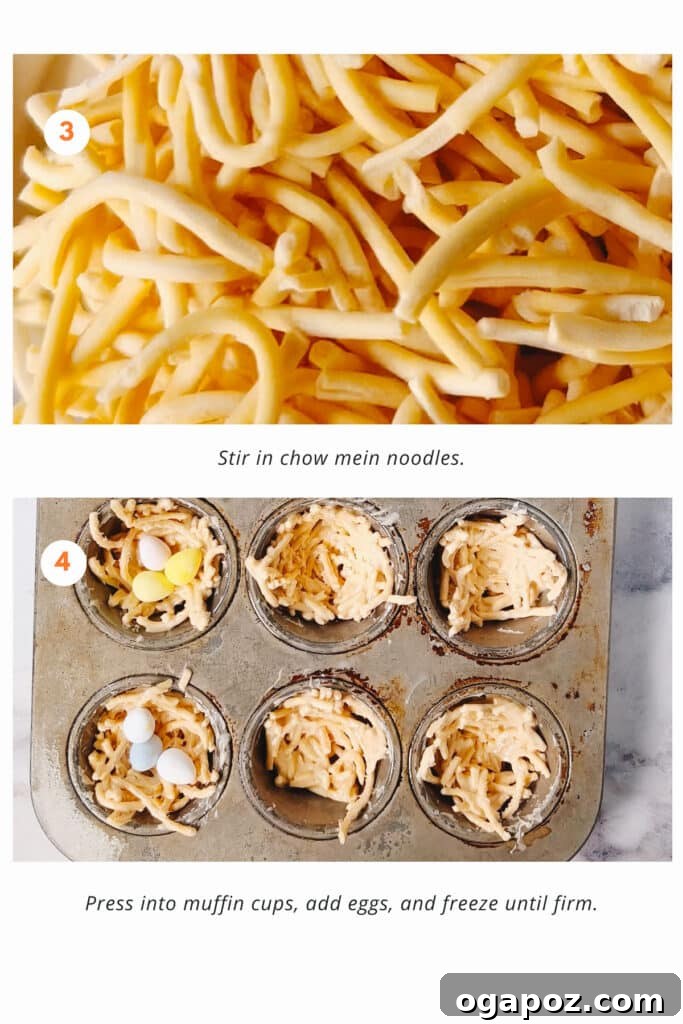 Bird Nest Treats 4 A batch of bird nest cookies being formed in muffin tins, with chow mein noodles coated in chocolate and peanut butter, and mini chocolate eggs placed in each nest.