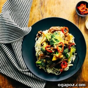 Close-up of a serving of Beef and Broccoli Stirfry with the rich sauce visible.