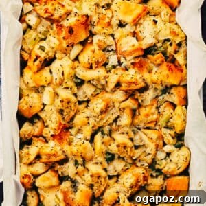 Turkey stuffing with apples and herbs, ready for serving.
