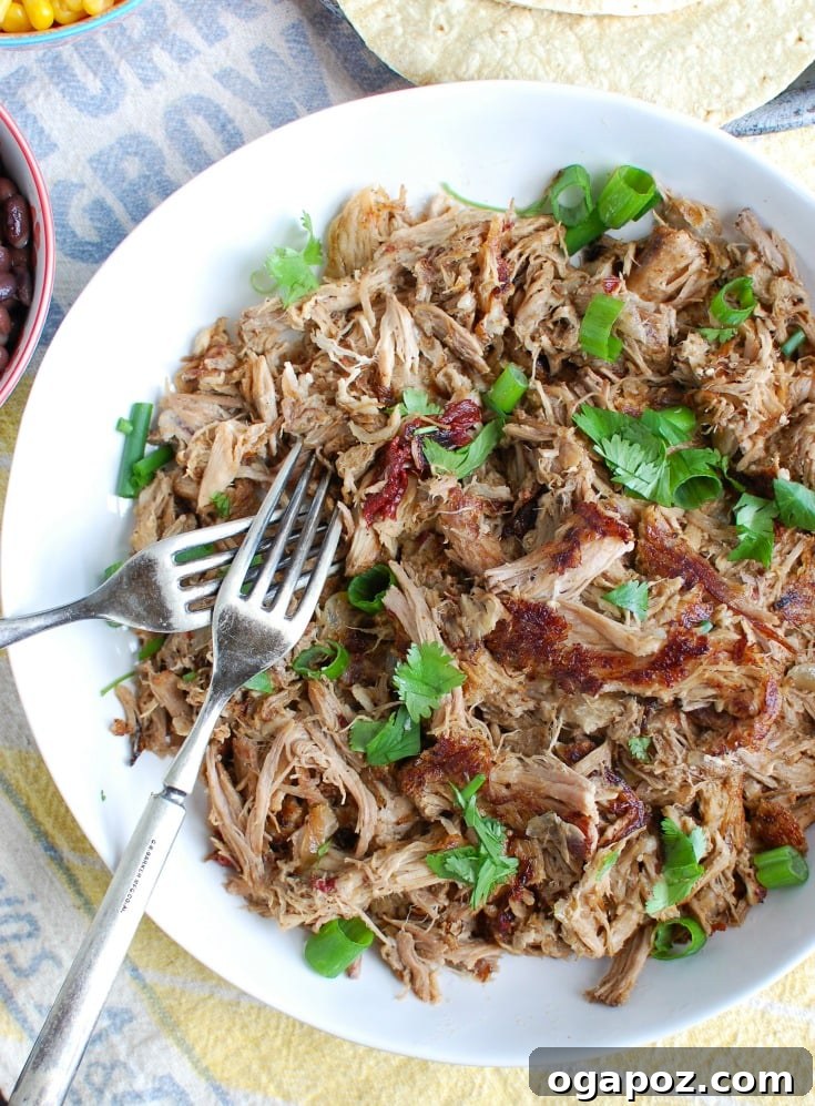 Effortless Slow Cooker Pork Carnitas 3 Easy Slow Cooker Pork Carnitas in a rustic white bowl, highlighting the tender shredded meat