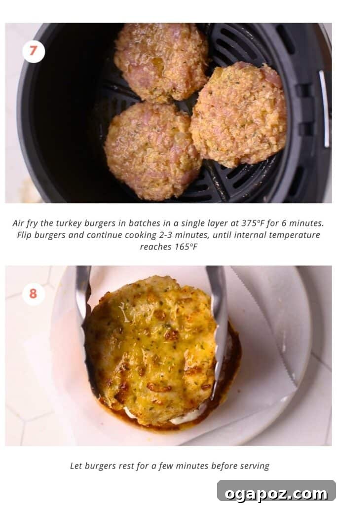 Flawless Air Fryer Turkey Burgers 4 Air fryer basket with 3 uncooked turkey burgers on the bottom. The air fryer is set to 375°F. The instruction says to cook in batches in a single layer for 6 minutes and flip the burgers and cook for another 2-3 minutes until the internal temperature reaches 165°F. The burger patties are then placed over burger buns with mayo and lettuce.