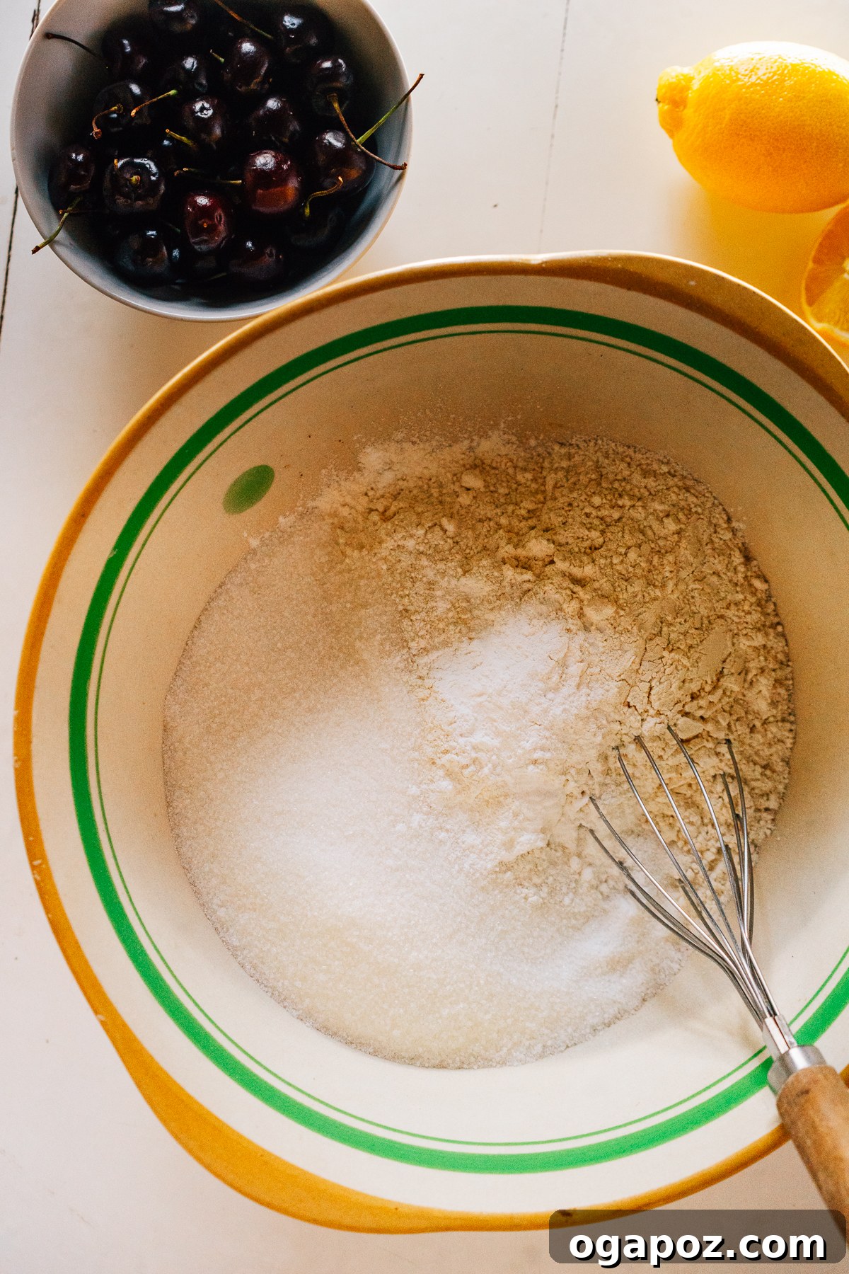 Bursting Cherry Muffins 4 Step-by-step process of mixing dry ingredients for cherry muffins.