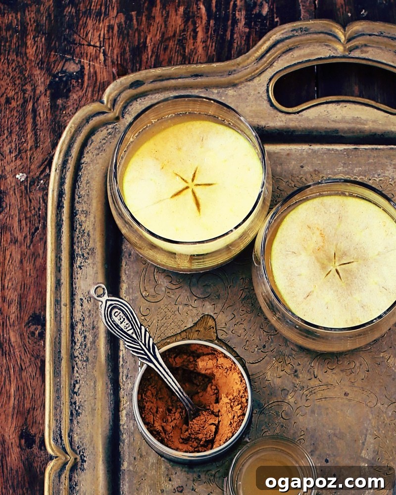 Close-up of a Spiced Apple Bourbon Cocktail in a crystal glass, featuring a thin apple slice garnish with a visible star shape in its center, suggesting natural beauty and festive charm.