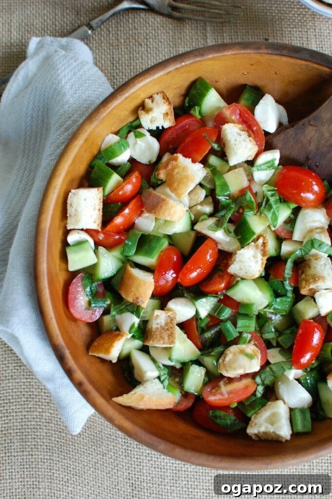 Summer Caprese Bread Salad 2 Caprese Panzanella is a simple summer salad. Everything comes together in under 20 minutes! This image shows the vibrant colors of tomatoes, basil, mozzarella, and toasted bread.