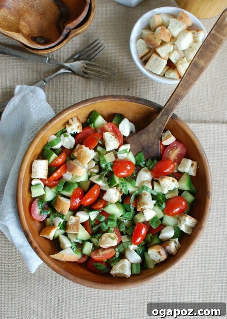 Summer Caprese Bread Salad 3 A close-up of fresh Caprese Panzanella with juicy tomatoes, creamy mozzarella, and vibrant basil, mixed with toasted bread cubes and dressing.
