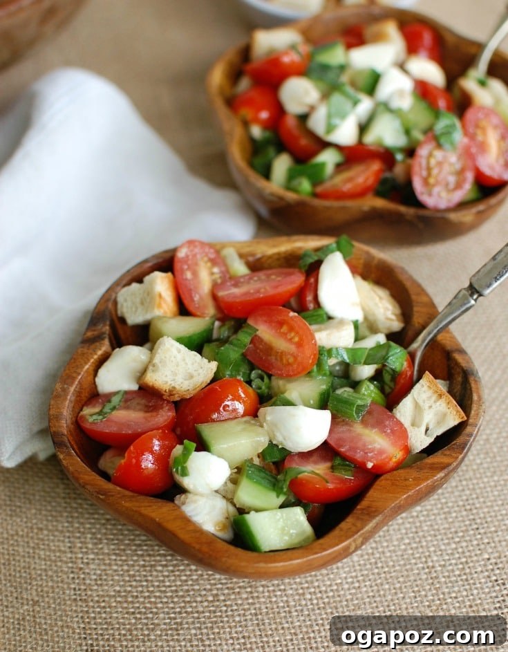 Summer Caprese Bread Salad 4 Caprese Panzanella with a focus on the fresh ingredients: red tomatoes, white mozzarella, green basil, and golden toasted bread.