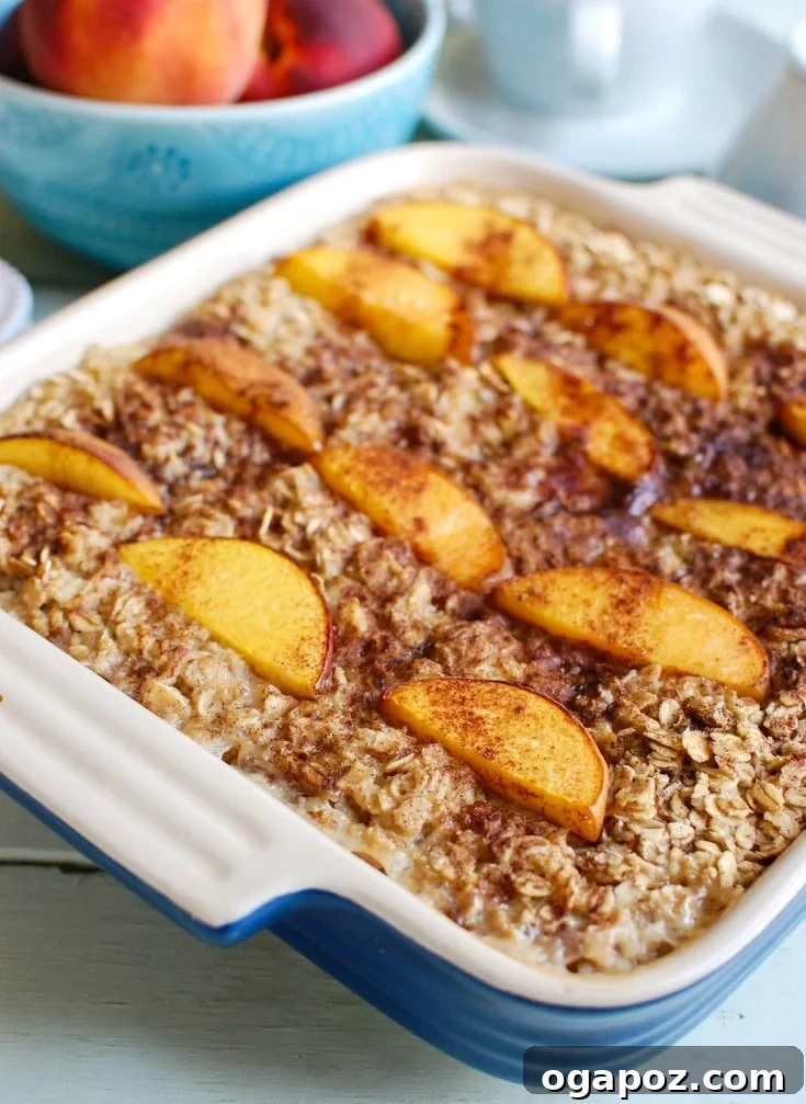 Golden Peach and Cream Oven Oats 2 A vibrant close-up of Peaches and Cream Baked Oatmeal, ready to be served, showcasing its healthy ingredients and inviting texture. It's a fantastic way to start the day or enjoy as a nutritious snack.