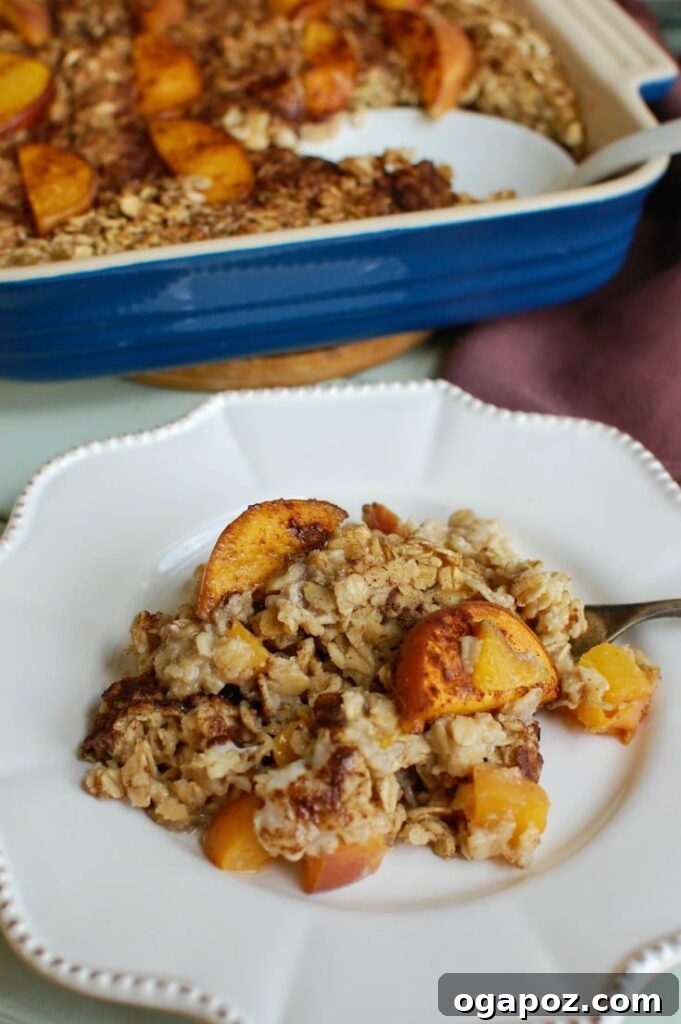 Golden Peach and Cream Oven Oats 3 A beautiful display of fresh ingredients for Peaches and Cream Baked Oatmeal, including rolled oats, sliced peaches, milk, and various spices, emphasizing its natural and wholesome components.