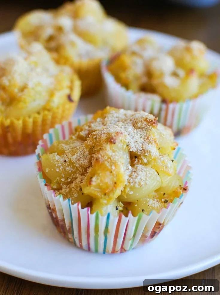 Cheesy Mac Bites 2 Golden brown Mac and Cheese Muffins on a white plate, ready to be enjoyed.