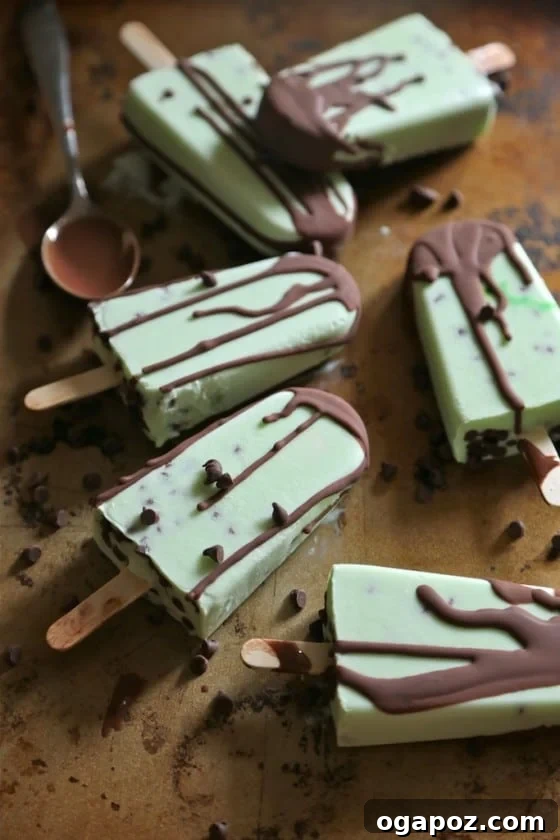 25 Ice Pop Sensations to Conquer Summer Heat 22 Mint Chocolate Chip Greek Yogurt Pops, a healthy and protein-rich frozen treat.