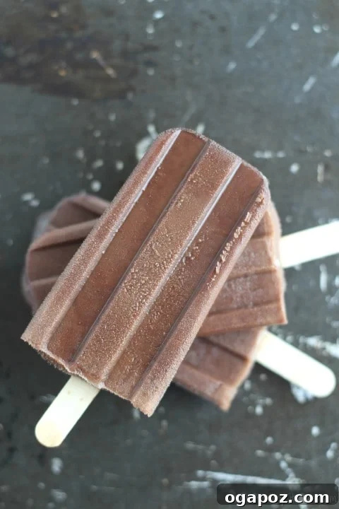 25 Ice Pop Sensations to Conquer Summer Heat 18 4-Ingredient Fat Free Chocolate Pops, an easy and light homemade fudgesicle recipe.