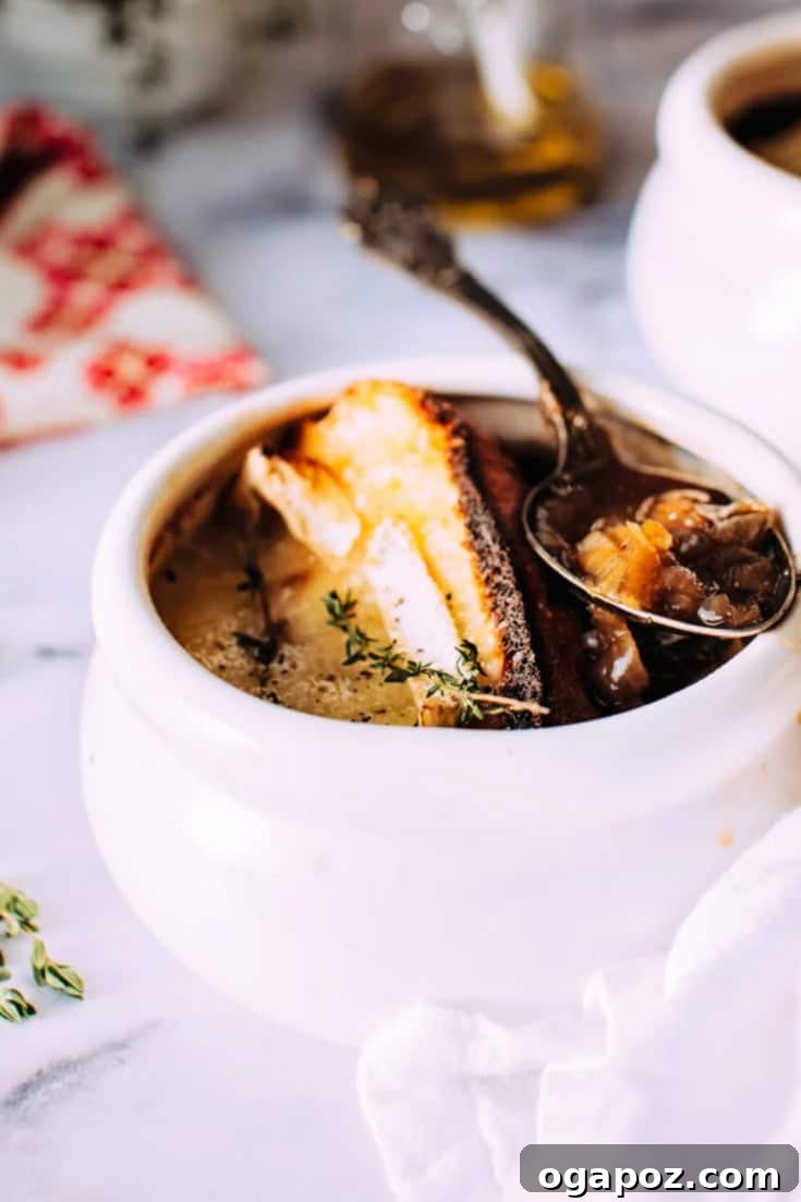 French Onion Soup with Golden Brie Crowns 7 My Classic French Onion Soup Recipe Topped With a Gooey Baked Brie Crouton is the best soup you'll ever have! It's fragrant, quick and easy, cheesy, and oh so comforting! Use some beef stock and toss your ingredients into a slow cooker, its that simple!