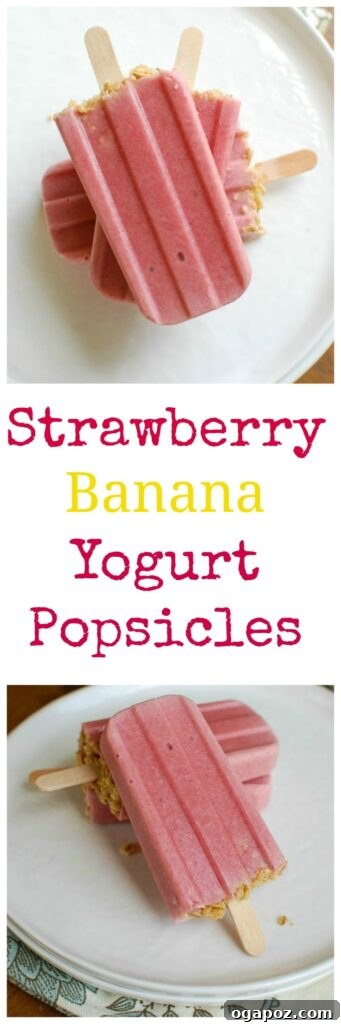 Strawberry Banana Yogurt Swirl Pops 6 A single Strawberry Banana Yogurt Popsicle, beautifully presented for a sweet summer moment.