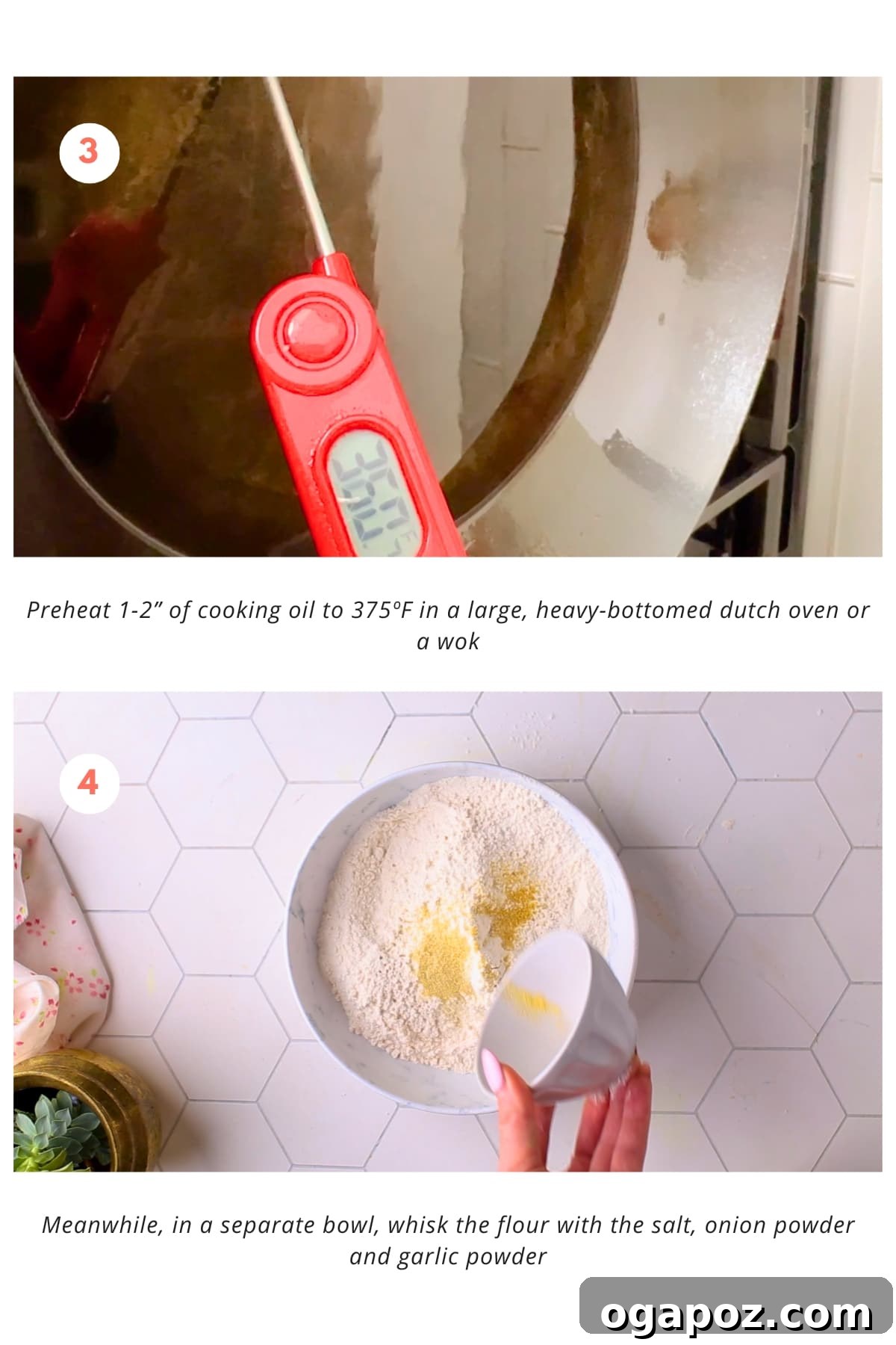 Firecracker Shrimp 4 The cooking oil is preheated to 375ºF in a large, heavy-bottomed dutch oven or a wok. In a separate bowl, the flour is whisked with salt, onion powder and garlic powder.
