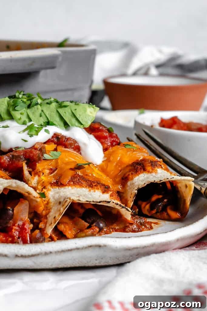 Effortless Vegetarian Enchiladas 12 Finished Easy Vegetarian Enchiladas with sour cream, avocado, and cilantro garnishes.