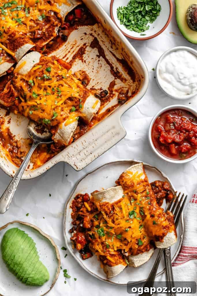 Effortless Vegetarian Enchiladas 3 Easy Vegetarian Enchiladas baking in a casserole dish, topped with melted cheese.
