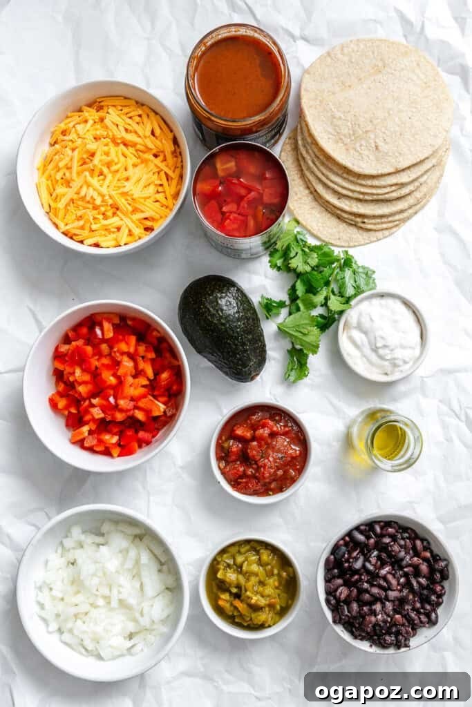 Effortless Vegetarian Enchiladas 6 Ingredients for Easy Vegetarian Enchiladas laid out on a wooden board.