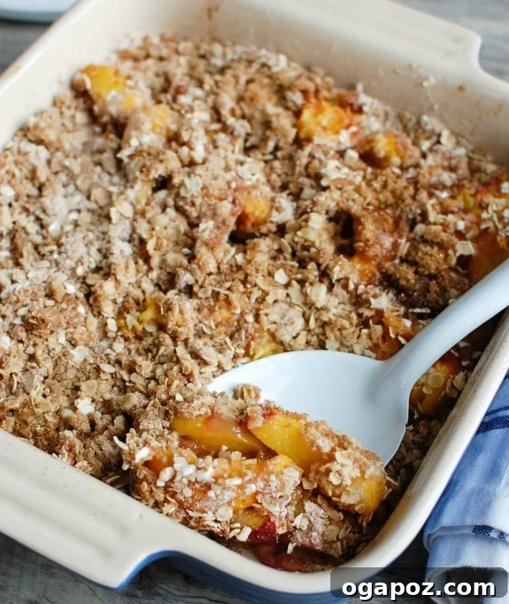 Golden Baked Peach Crumble 4 A serving of warm peach crisp topped with a melting scoop of vanilla ice cream, ready to be enjoyed.