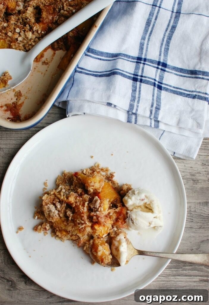 Golden Baked Peach Crumble 5 Four images showing the ingredients and steps for making a delicious peach crisp from scratch.