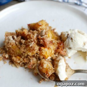 Beautifully plated peach crisp with a scoop of ice cream on top.