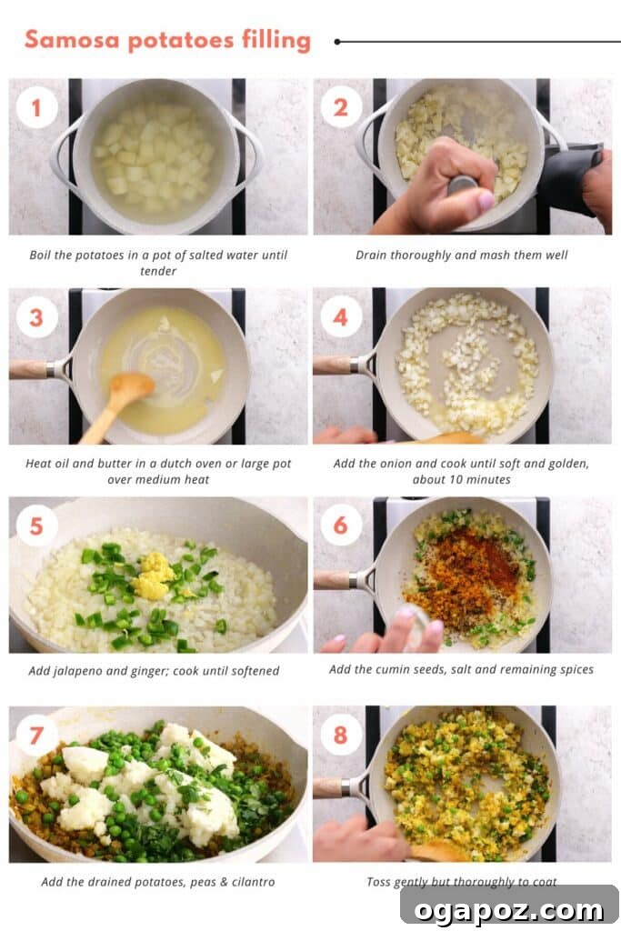 Flaky Spiced Potato Pockets 4 Detailed step-by-step photos illustrating the preparation of the savory potato filling for samosas, showing ingredients being cooked and mashed in a pan.