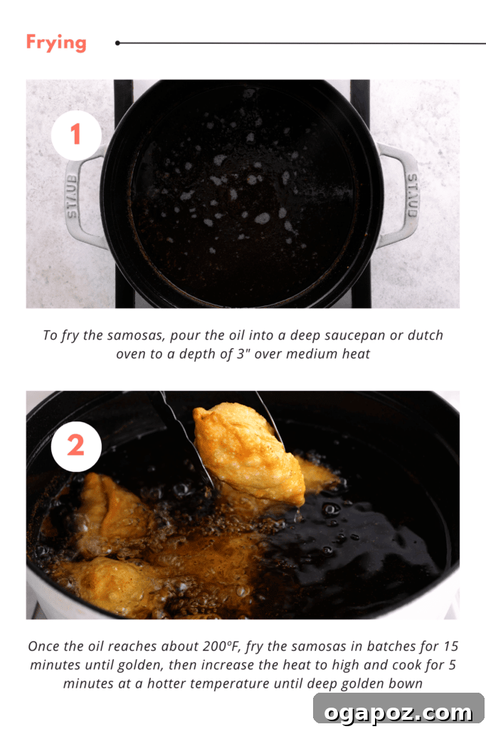 Flaky Spiced Potato Pockets 6 Close-up step-by-step instructions showing golden-brown potato samosas being carefully removed from hot oil with a slotted spoon and placed on paper towels to drain.