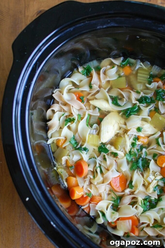Effortless Comfort Chicken Noodle Soup 3 Slow Cooker Chicken Noodle Soup simmering in a red crockpot, ready to be served.