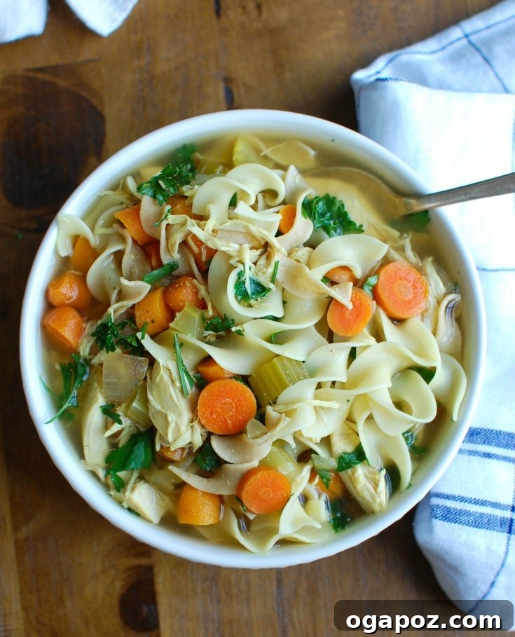 Effortless Comfort Chicken Noodle Soup 4 A close-up of Slow Cooker Chicken Noodle Soup with a silver spoon, showcasing the tender chicken, vegetables, and noodles.