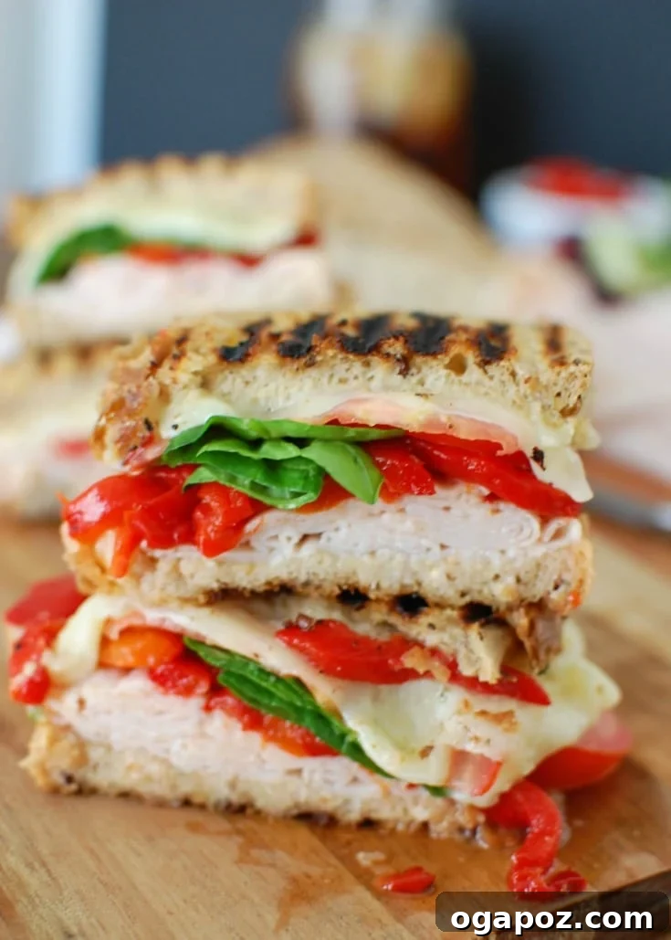 Step-by-step image showing a Mediterranean Turkey Hummus Panini being pressed in a hot panini maker, illustrating the golden-brown crust forming and the cheese melting inside.