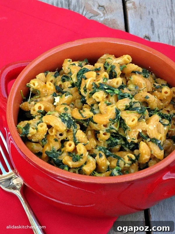 Wholesome Meals in Minutes 26 Stovetop Spinach Mac & Cheese in a pot with a spoon.