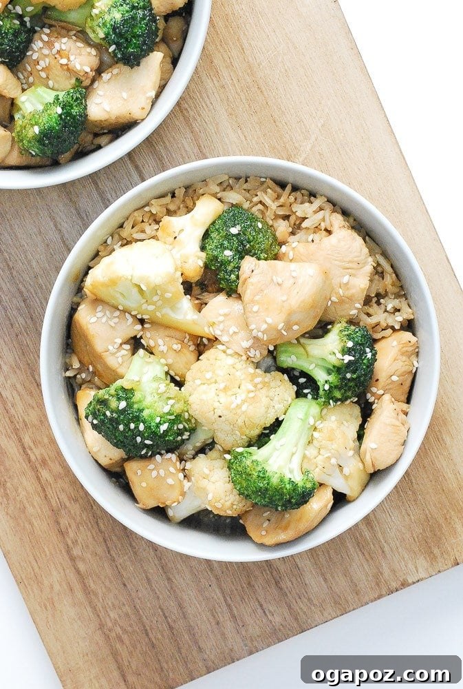 Wholesome Meals in Minutes 13 Soy Honey Chicken with Broccoli, served in a bowl with rice.