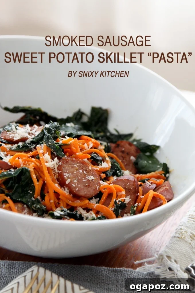 Wholesome Meals in Minutes 28 Smoked Sausage Sweet Potato Skillet Pasta, served in a cast iron skillet.