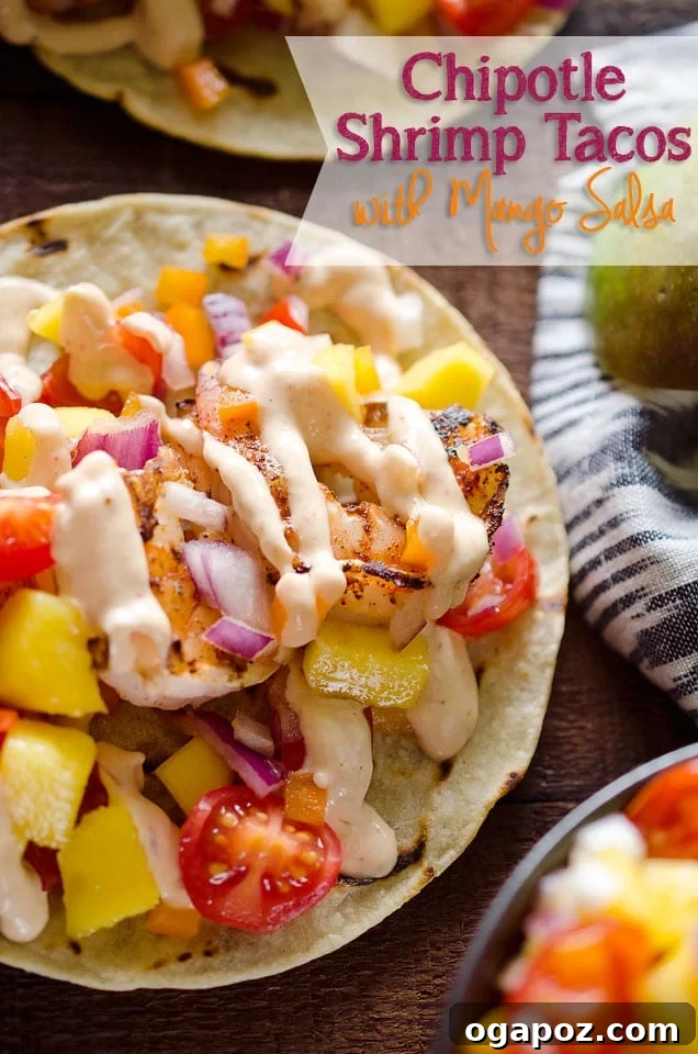Wholesome Meals in Minutes 6 Chipotle Shrimp Tacos with fresh mango salsa, served on a wooden board.