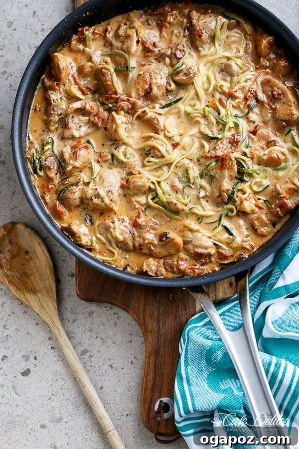 Wholesome Meals in Minutes 12 Creamy Sun-dried Tomato and Parmesan Chicken Zoodles served in a bowl.