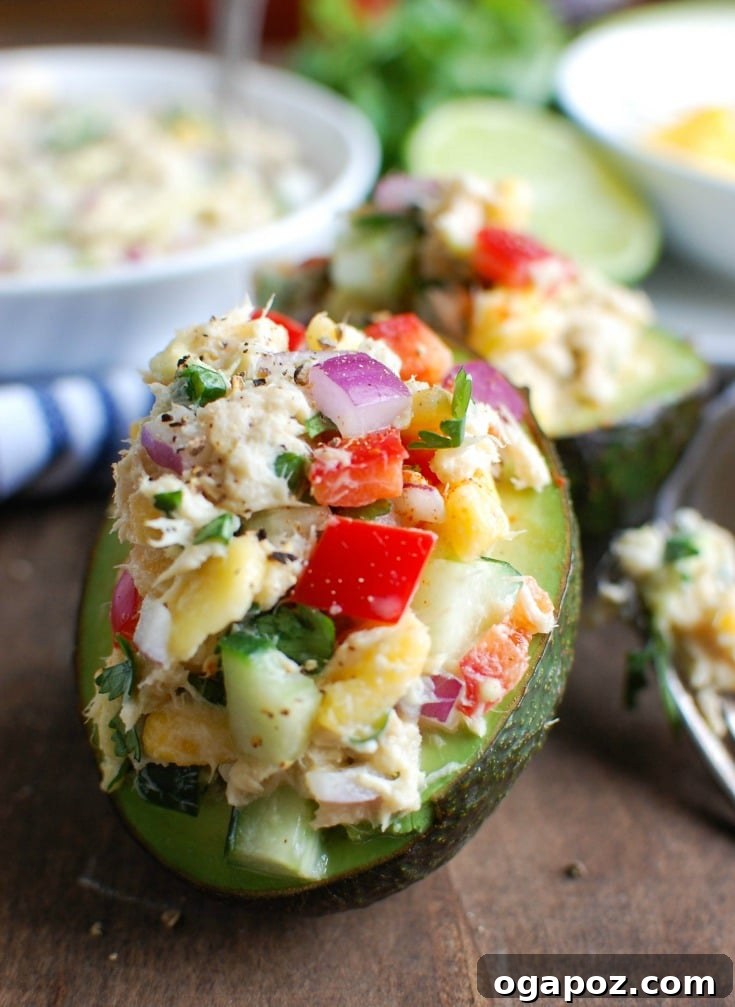 Tropical Tuna Avocado Bowls 2 Tropical Tuna Stuffed Avocado is the perfect, quick and healthy lunch at your desk or on-the-go. Fresh mango, cilantro, fresh vegetables and lime juice is mixed with Solid White Albacore Tuna and Greek Yogurt and then stuffed in a delicious avocado.