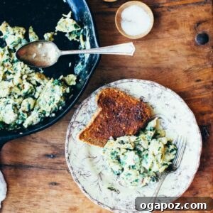 Swiss chard scrambled eggs recipe, presented beautifully.
