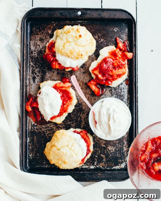 Effortless Buttermilk Drop Biscuit Strawberry Shortcakes 6 Delicious strawberry shortcakes topped with an abundance of fresh berries and cream