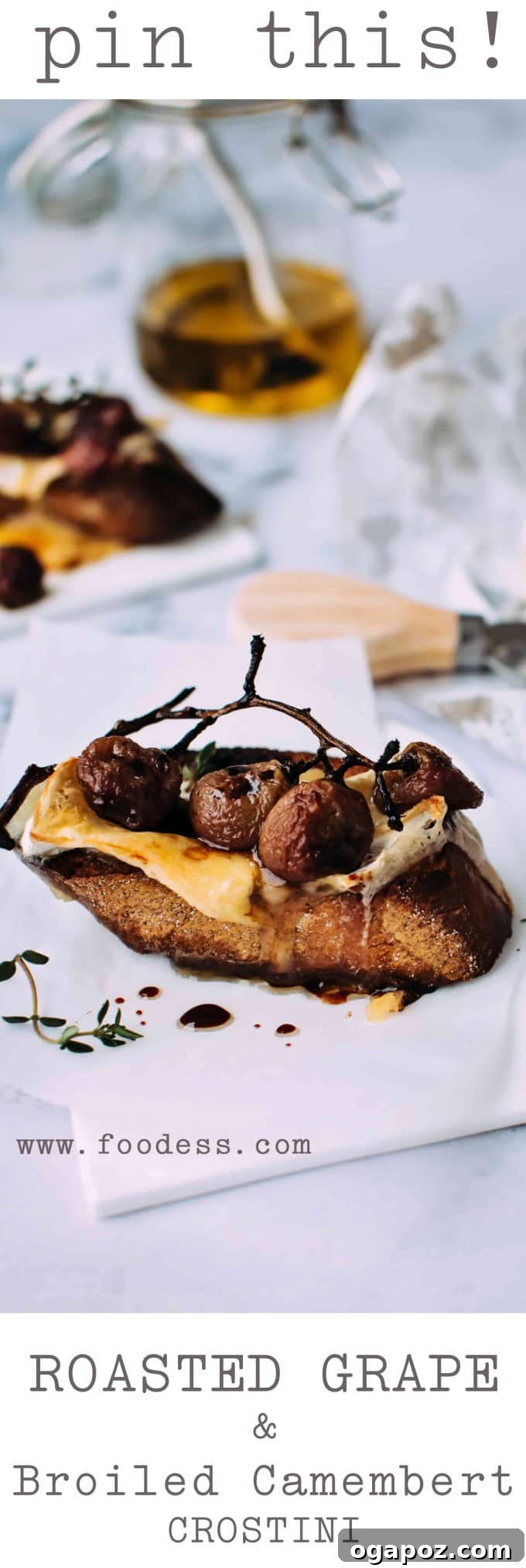 Caramelized Grape Camembert Crostini 6 Camembert Crostini with roasted grapes and fresh thyme.