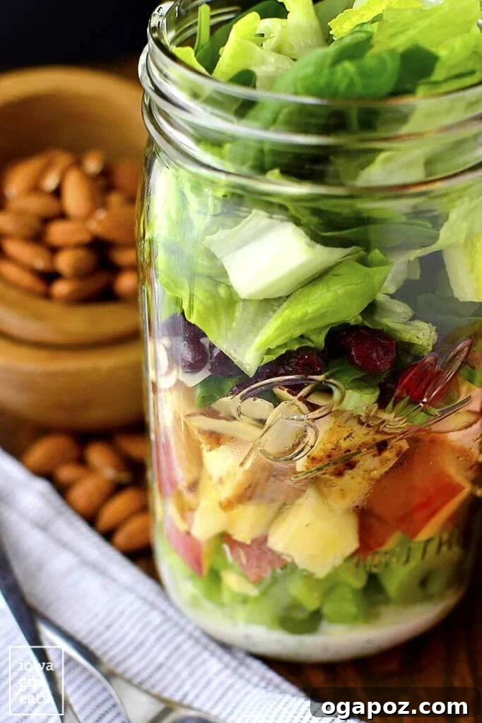 Autumn's Best Apple Dishes 5 A vibrant Mason jar salad with apples, cranberries, and almonds, ideal for a fresh meal.