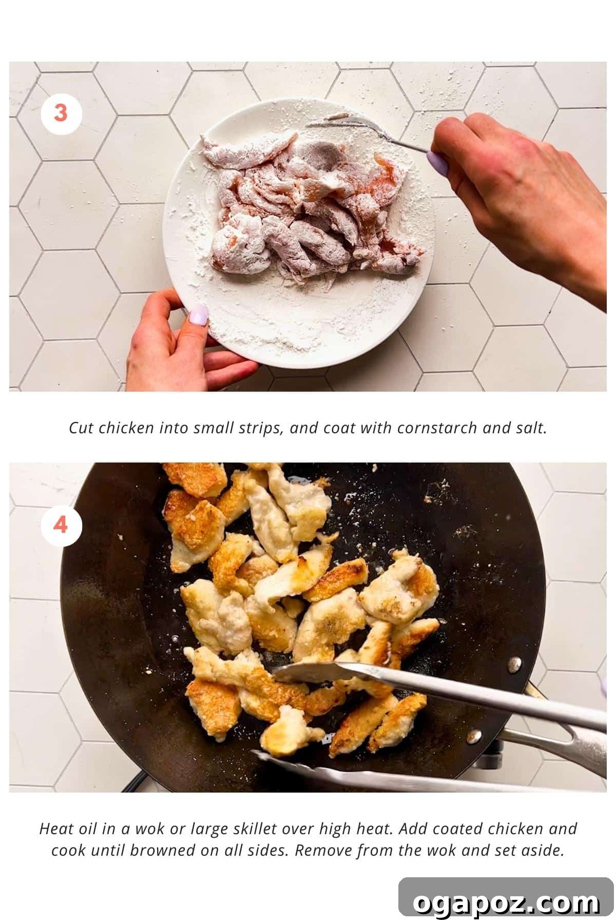 Thai Stir-Fried Glass Noodles 5 Sliced chicken strips coated in cornstarch and salt are cooking in a hot wok, browning on all sides to a golden crisp texture, while oil glistens in the pan.
