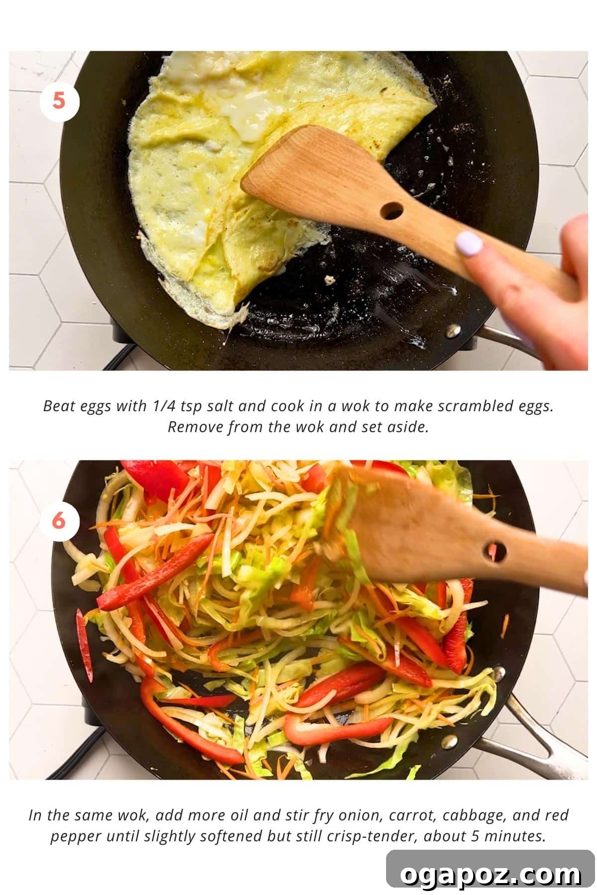 Thai Stir-Fried Glass Noodles 6 Vibrant sliced onions, carrots, cabbage, and red bell peppers are stir-frying in a hot wok with oil, becoming tender-crisp. In the background, cooked scrambled eggs are ready on a plate, next to browned chicken.