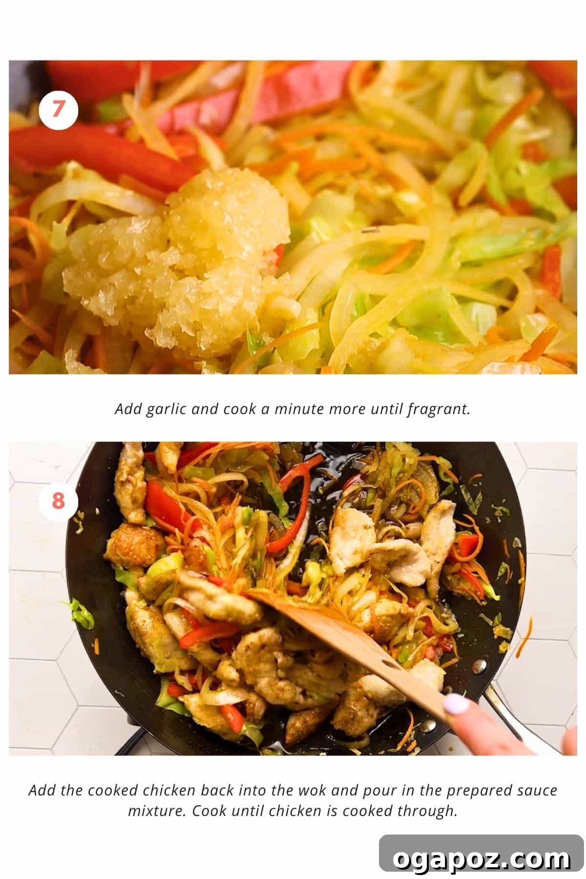 Thai Stir-Fried Glass Noodles 7 Cooked chicken has been returned to the wok with stir-fried vegetables, and the pre-mixed savory sauce is being poured over the ingredients, ready to be combined and cooked through.