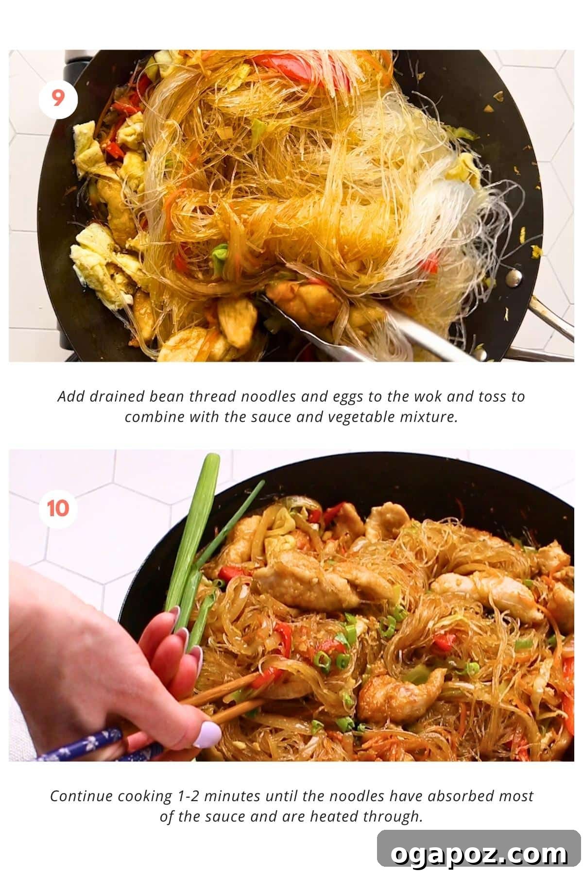 Thai Stir-Fried Glass Noodles 8 The Pad Woon Sen is complete and ready to serve, featuring perfectly cooked glass noodles, chicken, vegetables, and scrambled eggs, all tossed in a savory sauce. It's garnished with vibrant green onions and presented in a large serving dish.